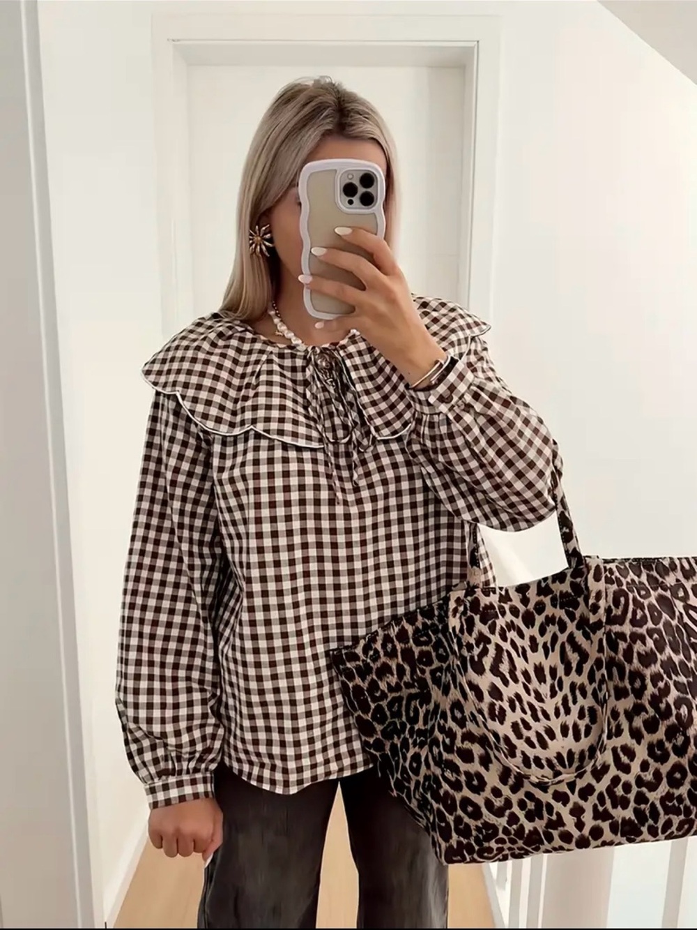 Brown Gingham Ruffle Collar Blouse
